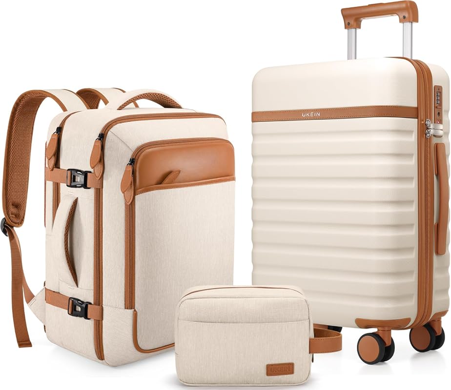 UKEIN 3-Piece Luggage Set Including 20-Inch Carry-On Suitcase and Matching Backpack for Organized Travel and Storage
